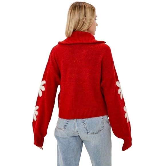 TOPSHOP Red Daisy Quarter Zip Collared Crop Cozy Knit Sweater Womens 10 - Picture 3 of 15
